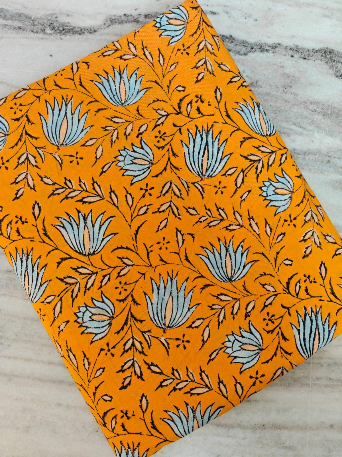 Mustard Orange Floral Cotton Fabric by Yard, Orange Lotus Flower Hand Block Print Fabric, Indian Soft Cotton for Quilting, Dress Making