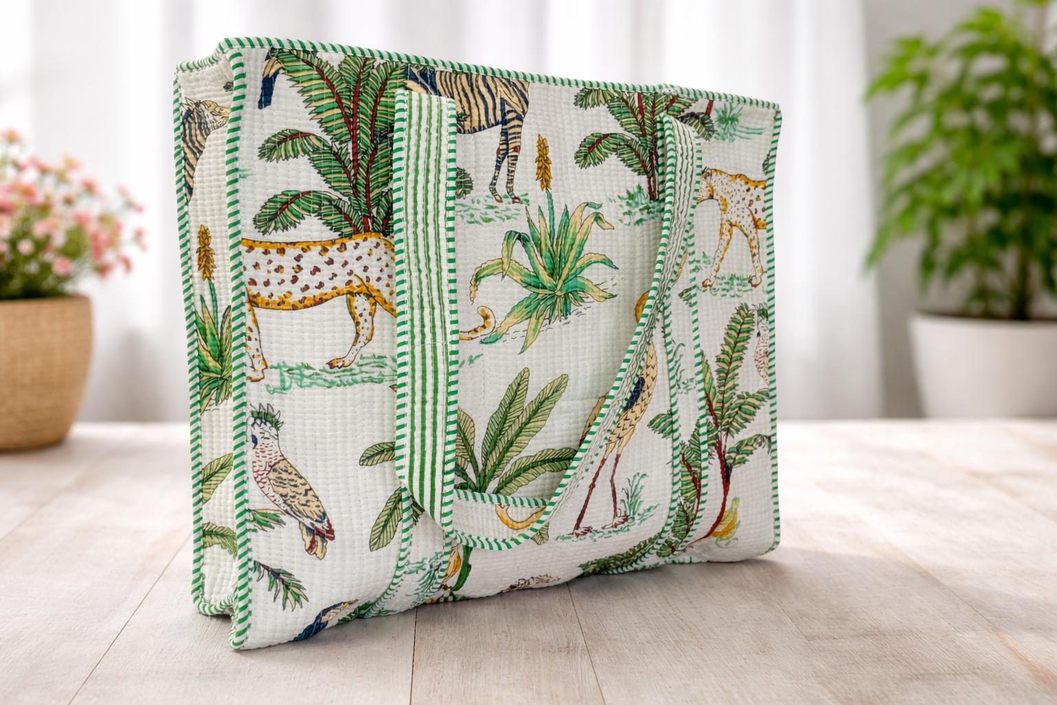 Jungle Print Quilted Tote Bag, Handmade Cotton Block Print Shoulder Bag, Large Fabric Shopper, Reusable Market Bag, Safari Animal Tote