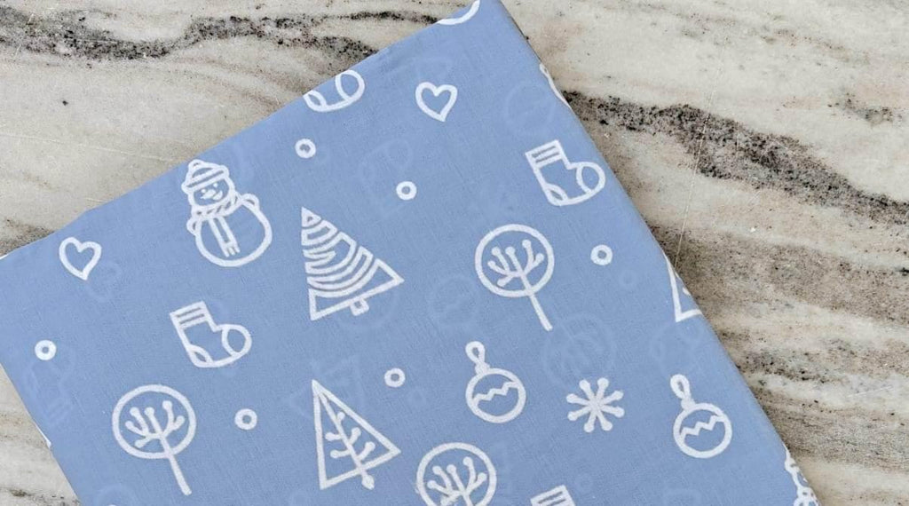 Blue Christmas Cotton Fabric, Holiday Print with Snowman, Tree & Ornaments, Winter Quilting, Sewing, Dressmaking Craft Material by the Yard