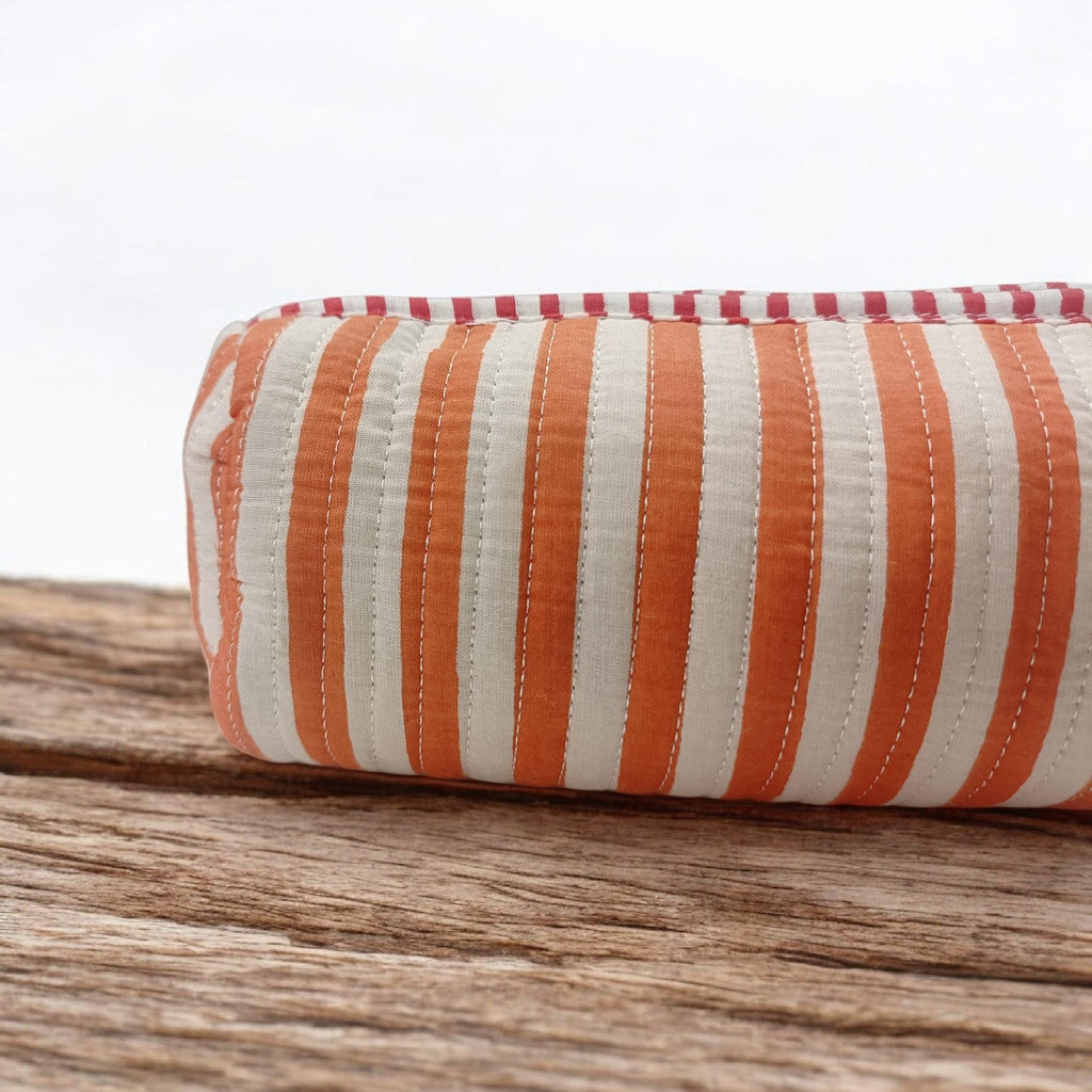 Orange Striped Quilted Makeup Pouch, Handmade Cotton Zip Bag, Small Travel Cosmetic Case with Wrist Loop, Boho Toiletry Pouch