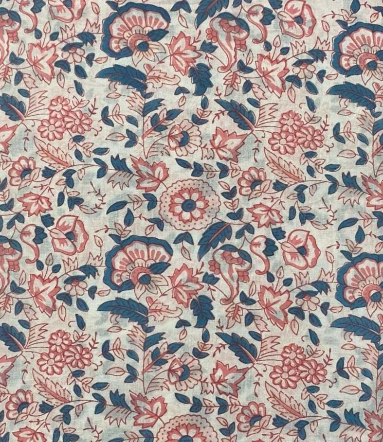 Floral Cotton Fabric by the Yard, Pink Blue Block Print Fabric, Indian Hand Printed Fabric, Soft Lightweight Fabric for Dressmaking Quilting
