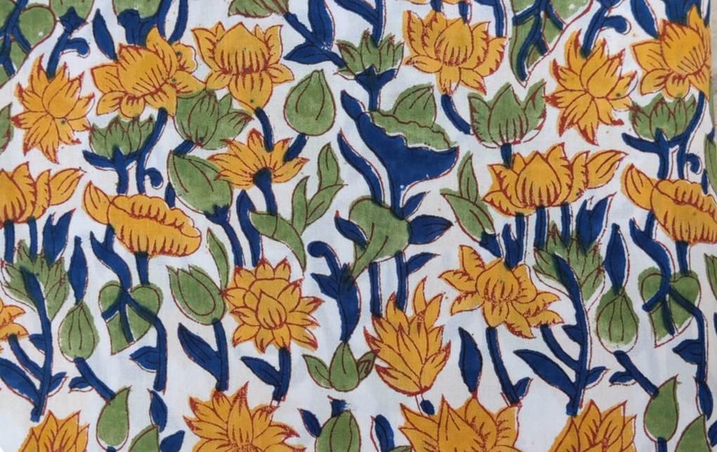 Yellow Floral Cotton Fabric, Hand Block Print Fabric by Yard, Indian Soft White Cotton for Quilting, Sewing, Dressmaking, Running Fabric