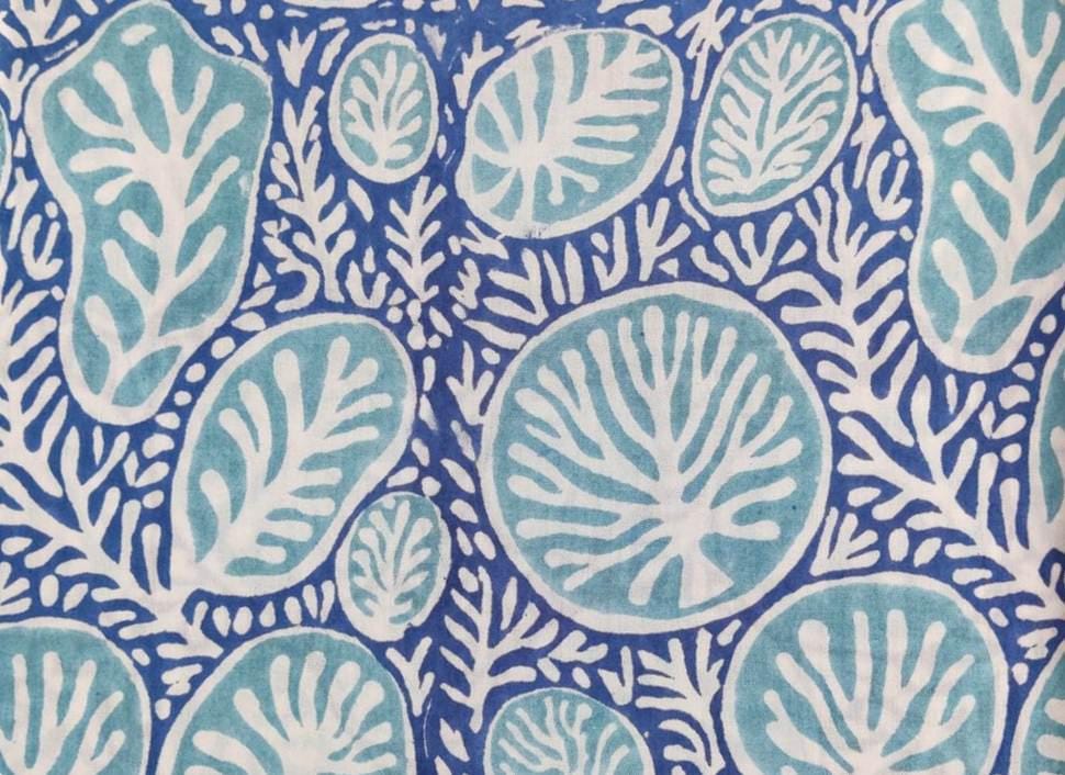 Blue Aqua Coral Print Cotton Fabric by the Yard, Ocean Sea Life Pattern, Soft Indian Cotton for Quilting, Dressmaking, Loose Running Fabric