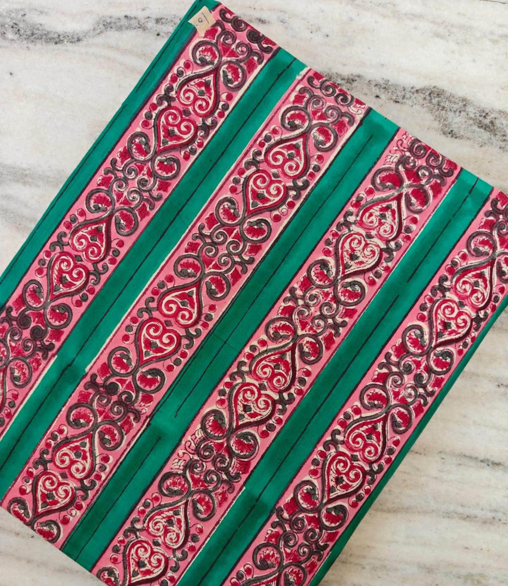Green Pink Striped Cotton Fabric, Indian Block Print Fabric, Ornamental Border Print Cotton, Dressmaking Sewing Fabric, Boho Craft Textile