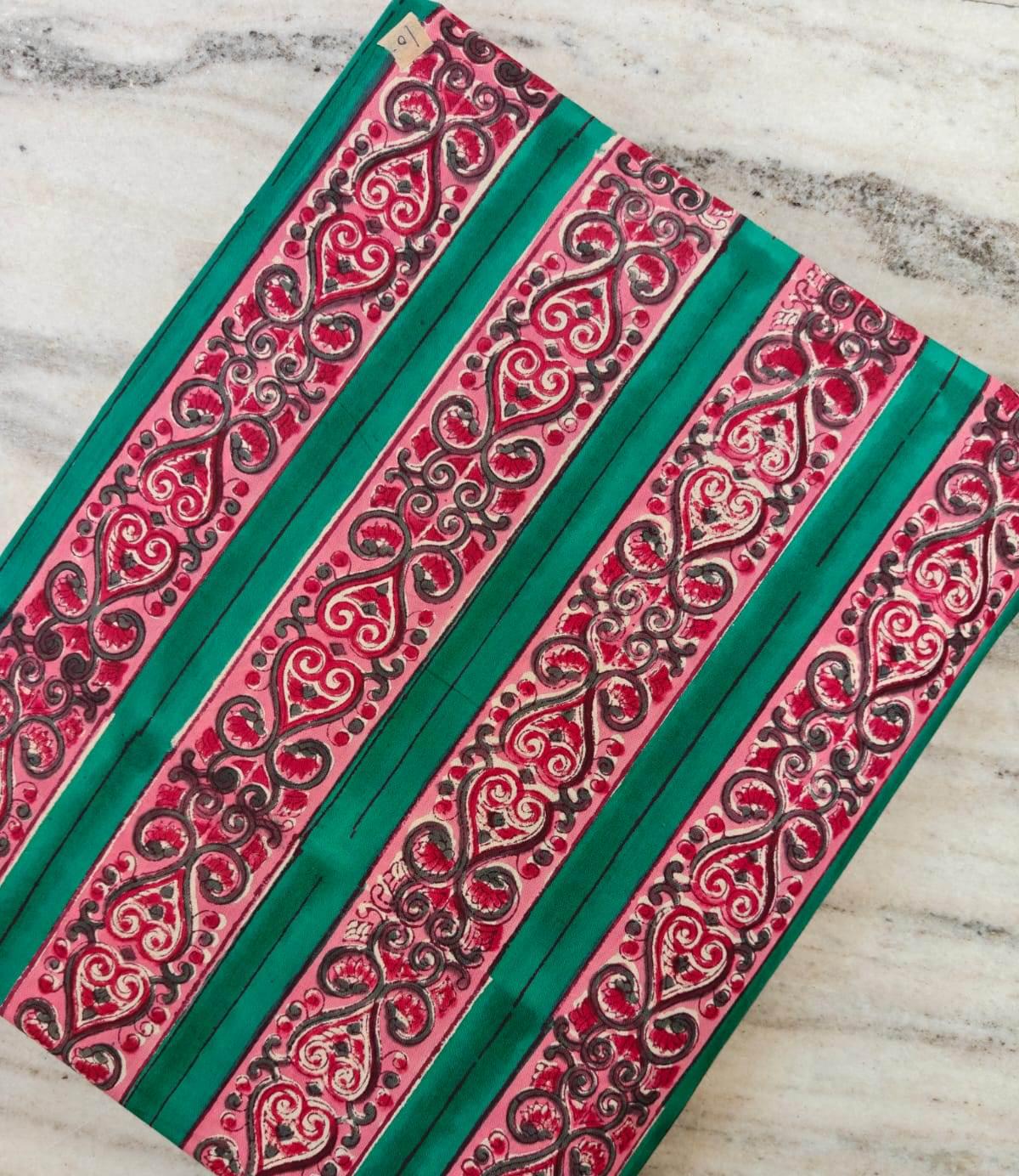 Green Pink Striped Cotton Fabric, Indian Block Print Fabric, Ornamental Border Print Cotton, Dressmaking Sewing Fabric, Boho Craft Textile