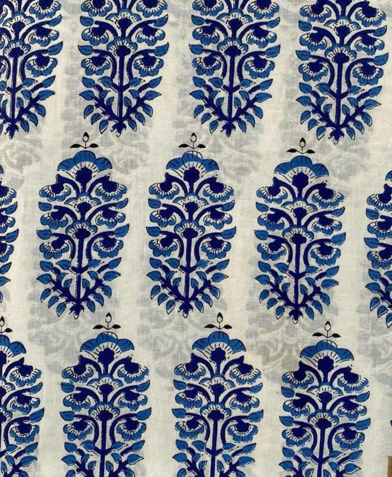 Indian Hand Block Print Fabric, Blue and White Floral 100% Cotton Quilting Fabric By The Yard, Fabric For Dress Making, Loose Running Fabric