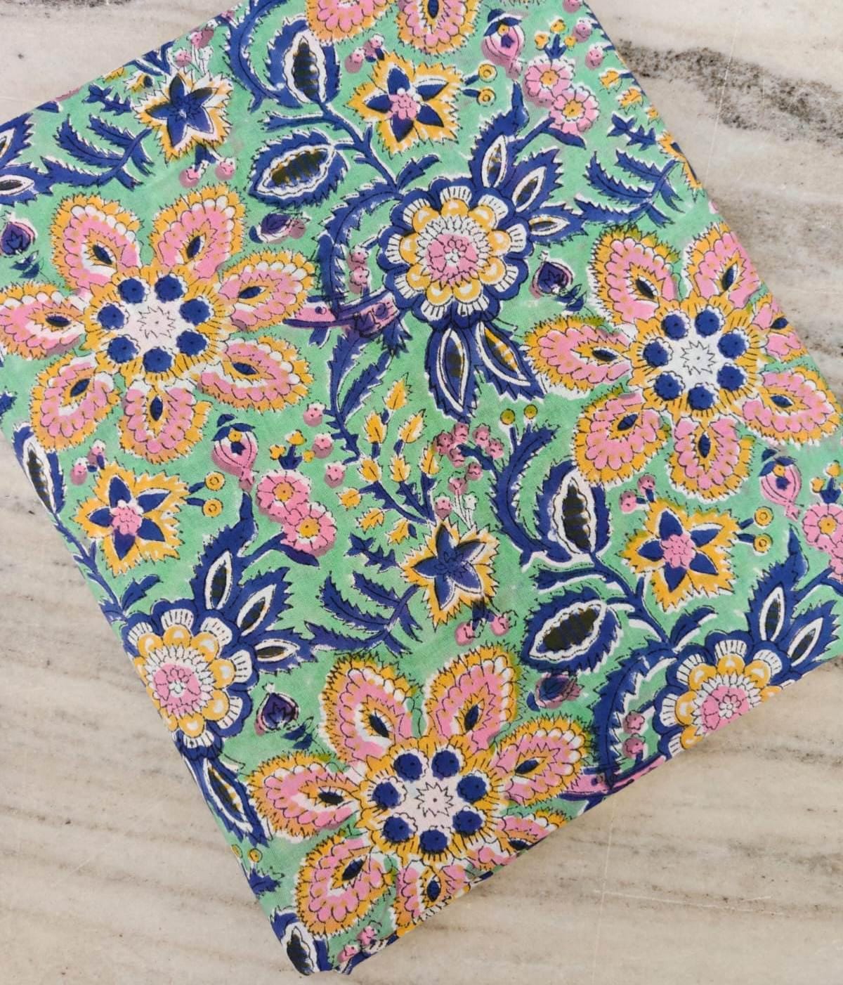 Mint Green Floral Cotton Fabric by the Yard, Pink Blue & Yellow Block Print Cotton, Indian Style Boho Fabric, Dressmaking Quilting Fabric