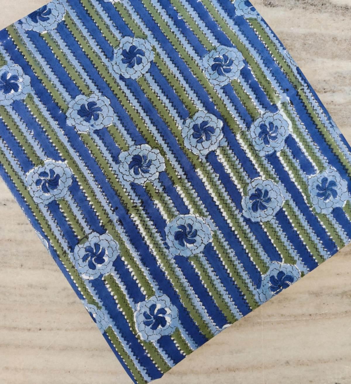 Soft Cotton Blue & Green Floral Striped Cotton Fabric, Indian Hand Block Print Fabric, Floral 100% Cotton Fabric By The Yard, Running Fabric