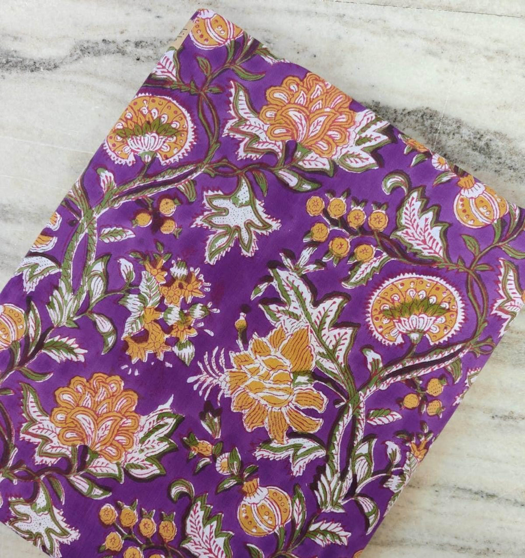 Purple Floral Cotton Fabric, Indian Block Print Fabric by the Yard, Mustard Yellow Botanical Print, Quilting Sewing Fabric, Apparel Fabric