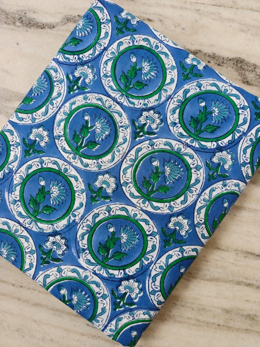 Hand Block Printed Cotton Fabric in Blue & Green Floral Design, Indian Cotton Fabric for Quilting, Dressmaking, Home Decor, Bohemian Textile