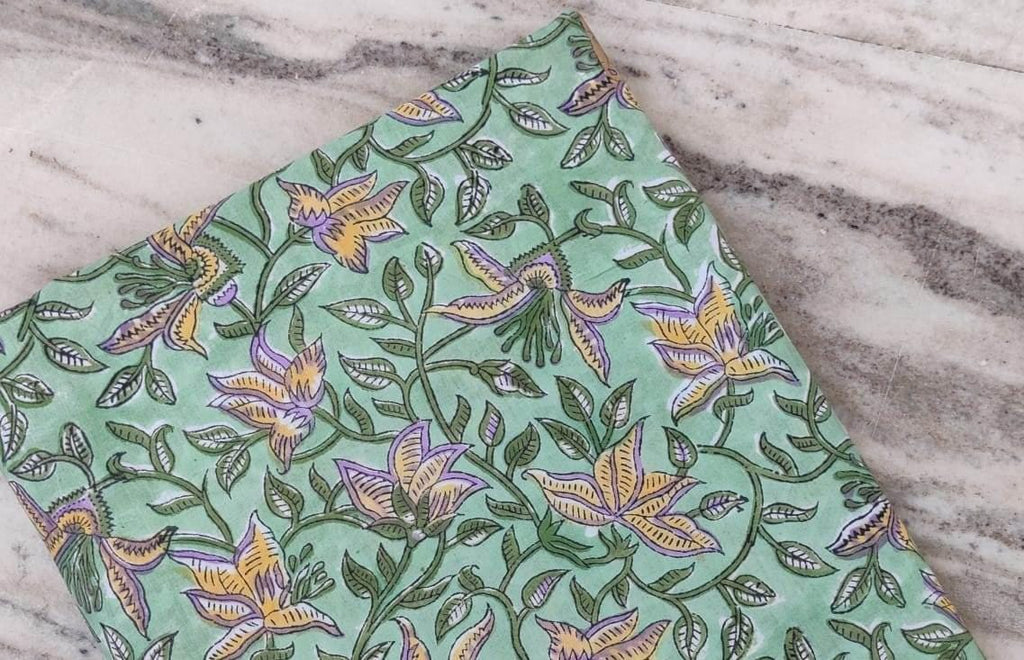 Green Floral Cotton Fabric by the Yard, Hand Block Print Fabric with Purple & Mustard Flowers, Indian Cotton for Sewing, Quilting, Textile