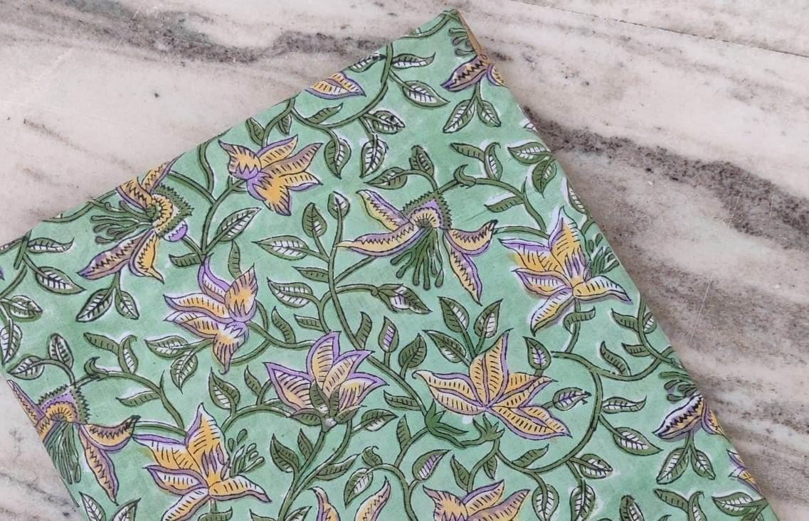 Green Floral Cotton Fabric by the Yard, Hand Block Print Fabric with Purple & Mustard Flowers, Indian Cotton for Sewing, Quilting, Textile