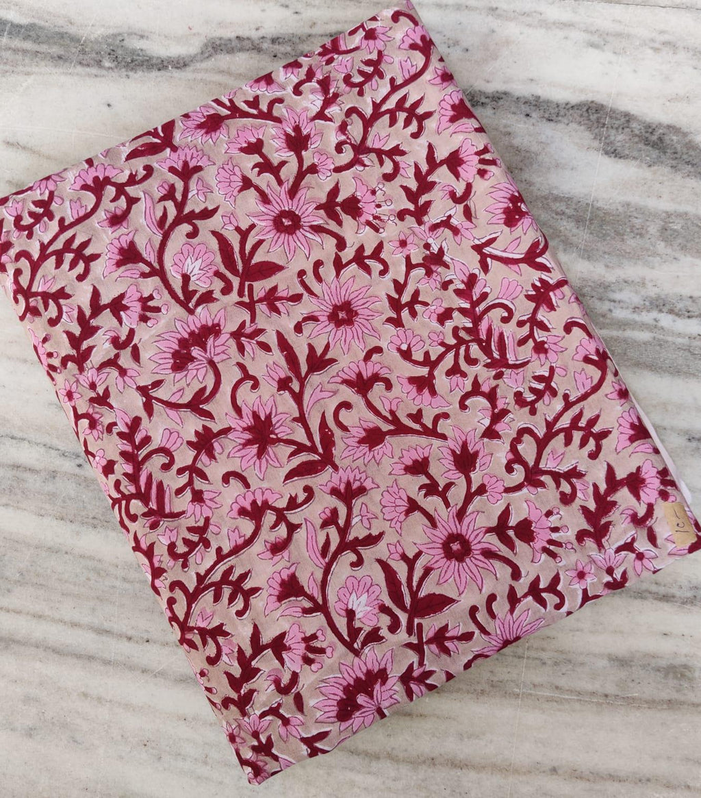 Pink Floral Block Print Cotton Fabric by the Yard, Soft Indian Cotton for Sewing, Dressmaking, Kurta, Quilting, Handmade Running Fabric
