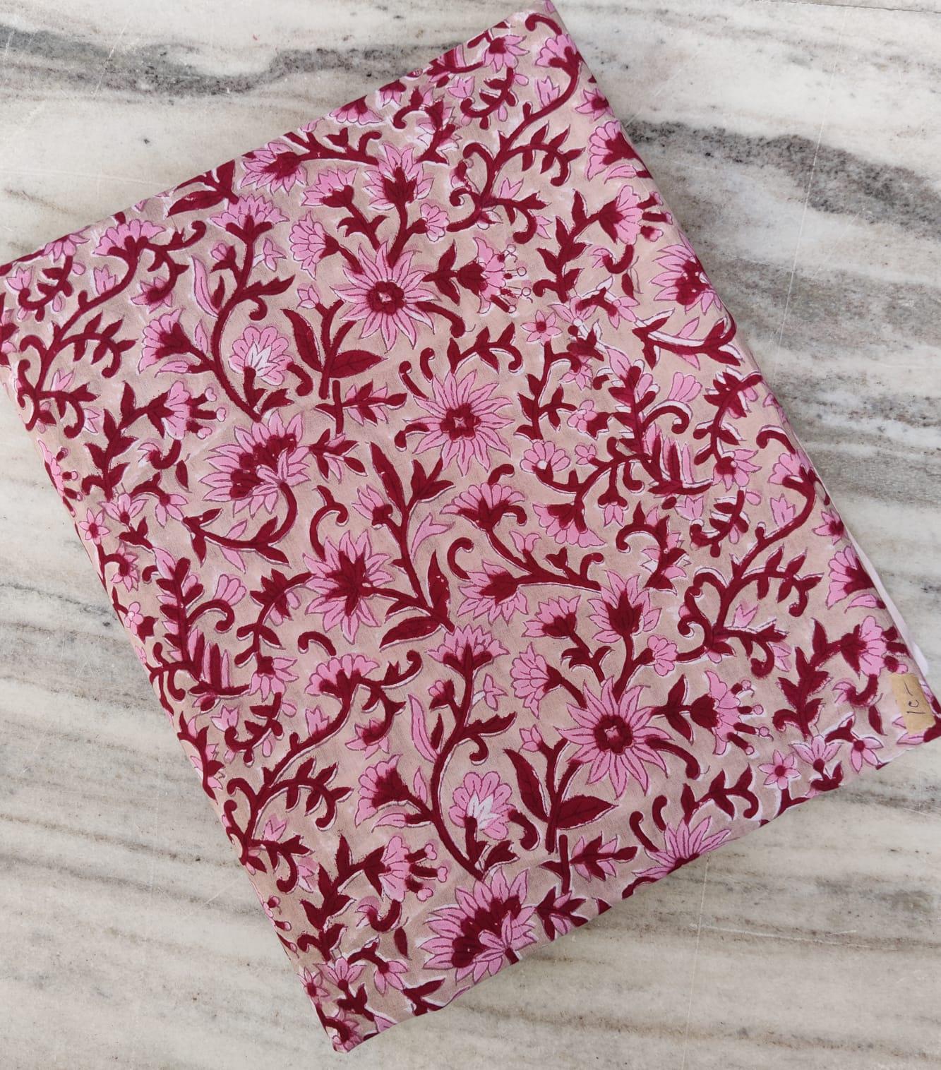 Pink Floral Block Print Cotton Fabric by the Yard, Soft Indian Cotton for Sewing, Dressmaking, Kurta, Quilting, Handmade Running Fabric