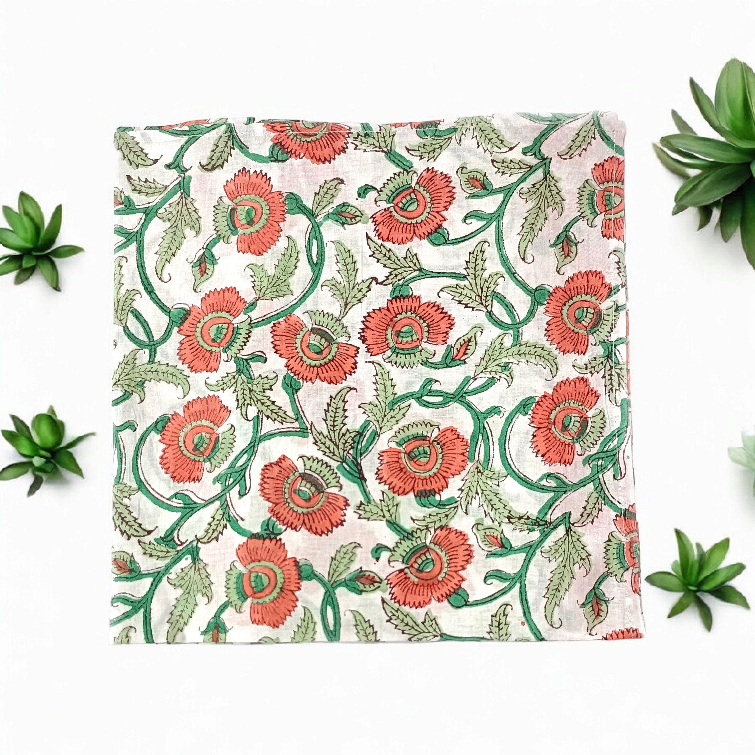Hand Block Printed Cotton Napkins: Indian Floral Dinner Napkins, 18x18 Inches