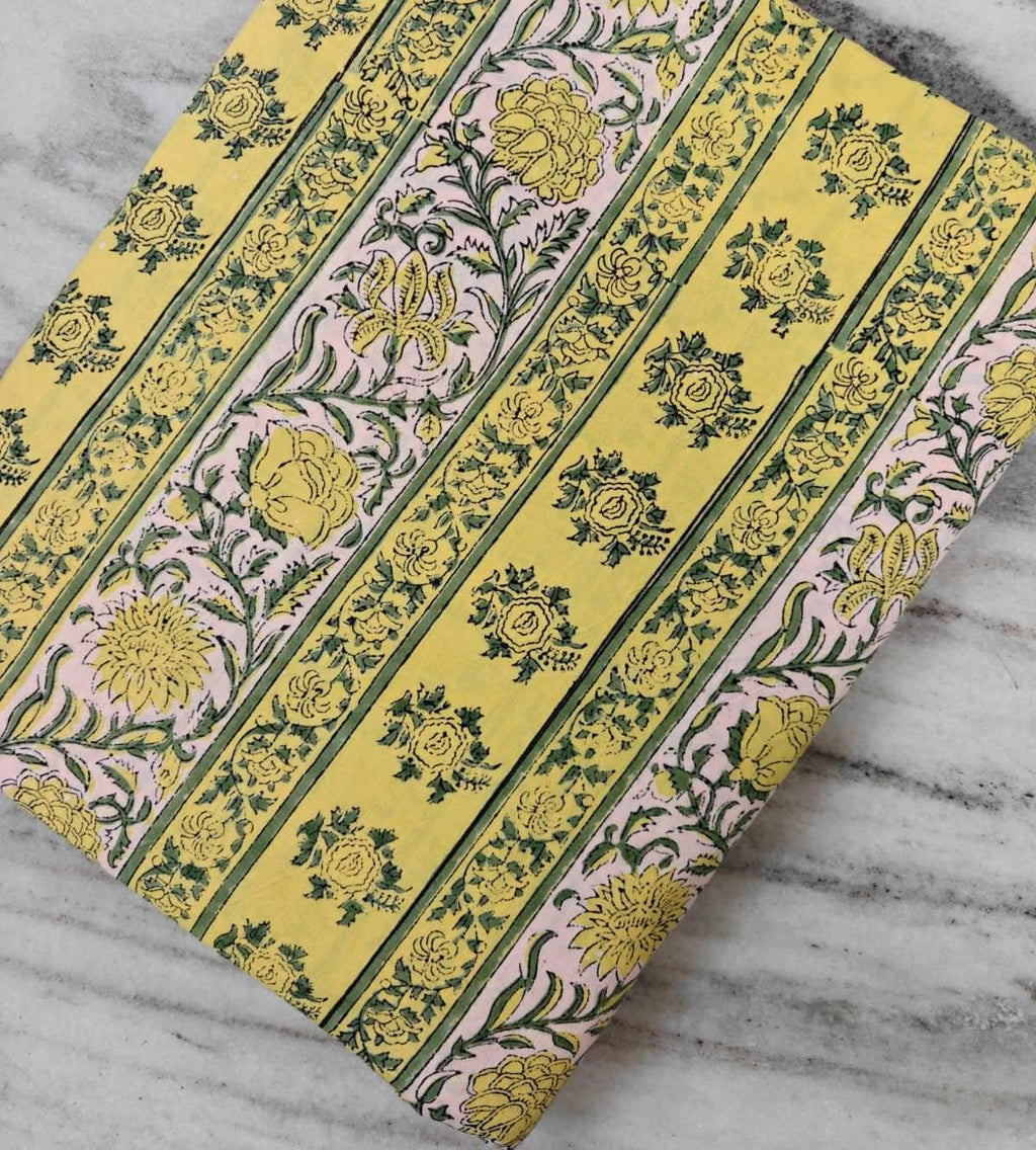 Yellow Floral Stripe Cotton Fabric, Block Print Fabric, Indian Cotton Fabric by Yard, Vintage Style Flower Fabric, Sewing Craft Fabric