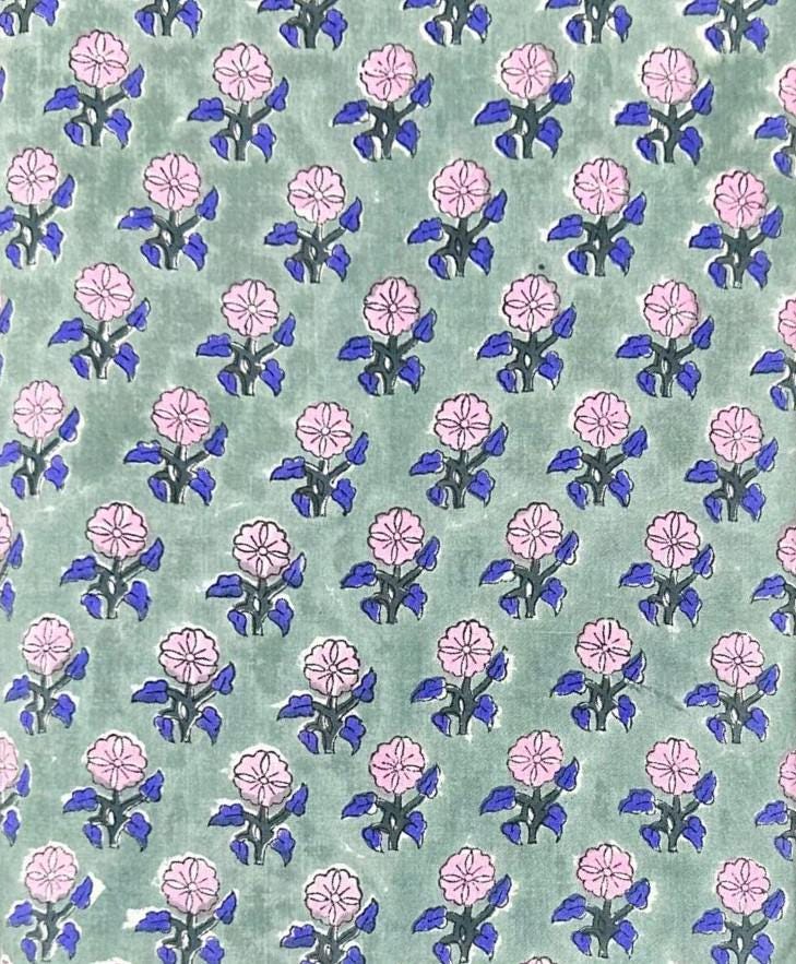 Soft Green Floral Cotton Fabric, Hand Block Print Indian Fabric by Yard, Soft Botanical Print for Sewing Quilting Dressmaking, Home Napkins