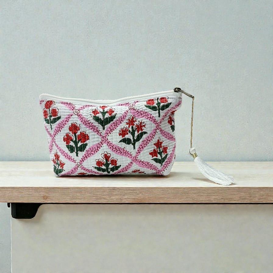 Pink Floral Quilted Pouch | Block Print Cosmetic Bag | Tassel Zipper Travel Pouch | Waterproof Bags | Pouch | Handmade Pouch