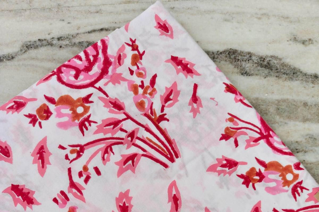 Pink Floral Cotton Fabric by the Yard | Hand Block Print Fabric | Indian Soft Cotton Material for Sewing, Quilting, Dressmaking & Crafts