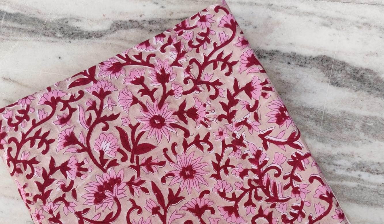 Pink Floral Block Print Cotton Fabric by the Yard, Soft Indian Cotton for Sewing, Dressmaking, Kurta, Quilting, Handmade Running Fabric