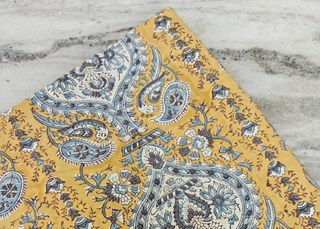 Mustard Yellow Paisley Cotton Fabric, Hand Block Printed Indian Fabric by the Yard, Soft Floral Cotton for Quilting & Dressmaking, Textile
