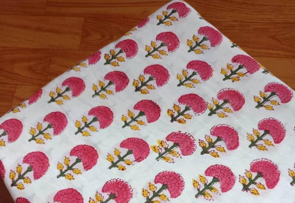 Hand Block Print Cotton Fabric, Pink Floral Fabric, Indian Cotton Fabric by the Yard Soft Lightweight Fabric for Sewing Quilting Dressmaking