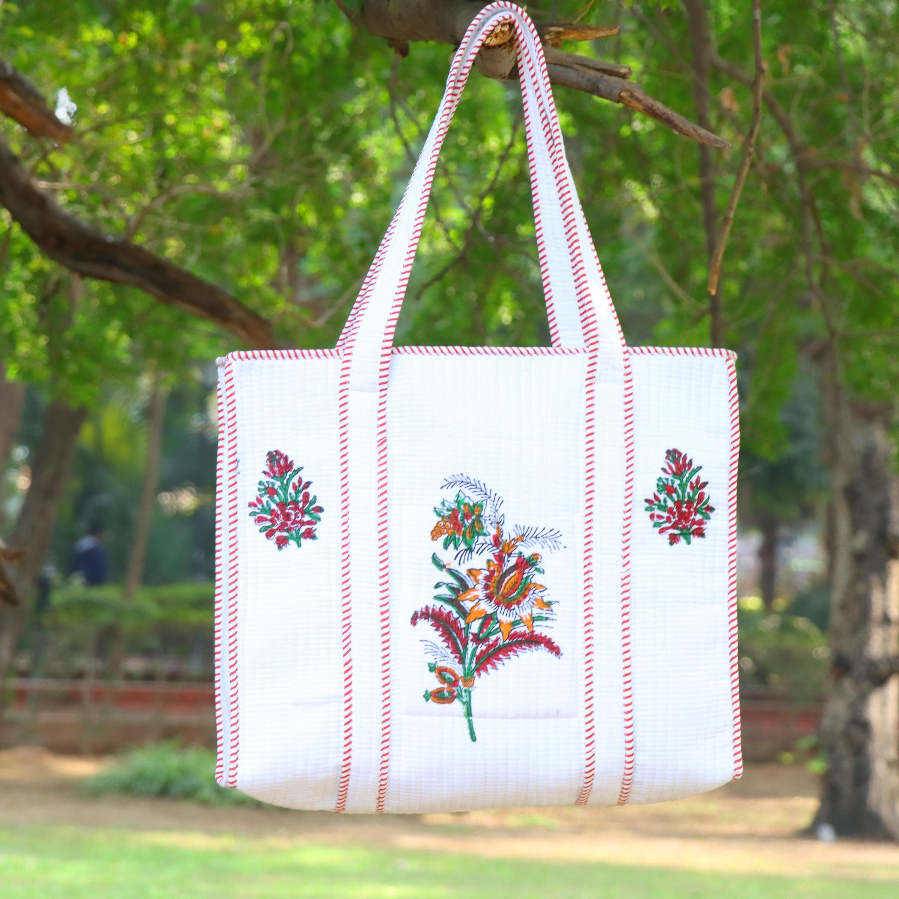 Floral Cotton Tote Bag, Handmade Boho Shoulder Bag, Eco Friendly Reusable Shopping Tote for Women