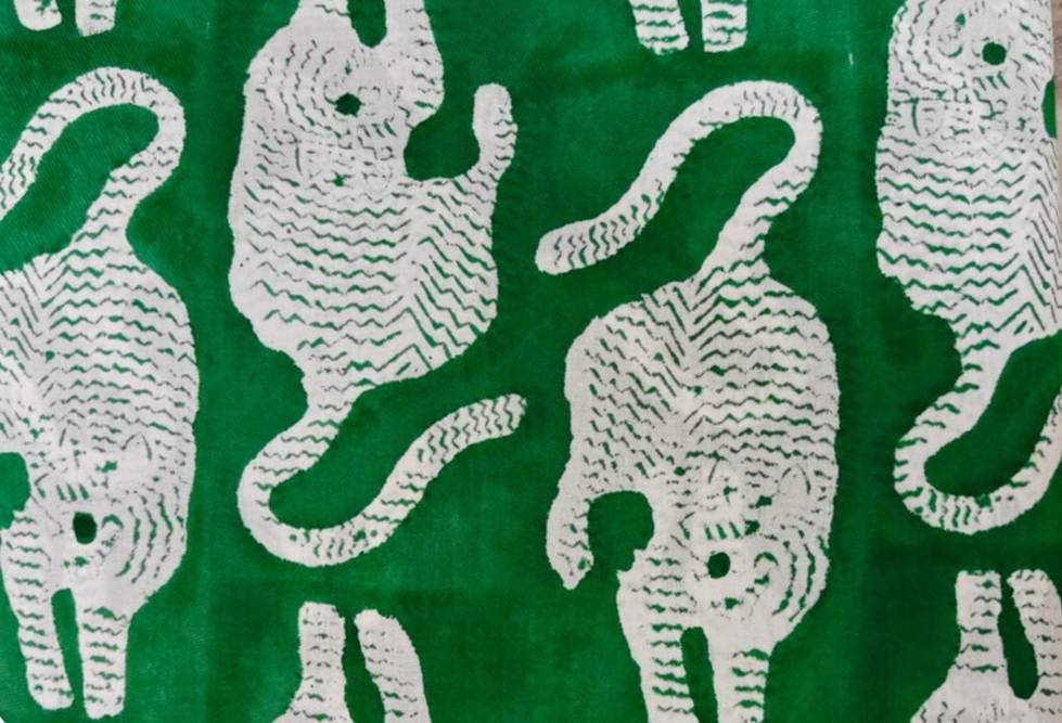 Green Elephant Hand Block Print Cotton Fabric, Indian Animal Print Textile, Quilting, Upholstery, Nursery Craft Fabric, Safari Theme Fabric