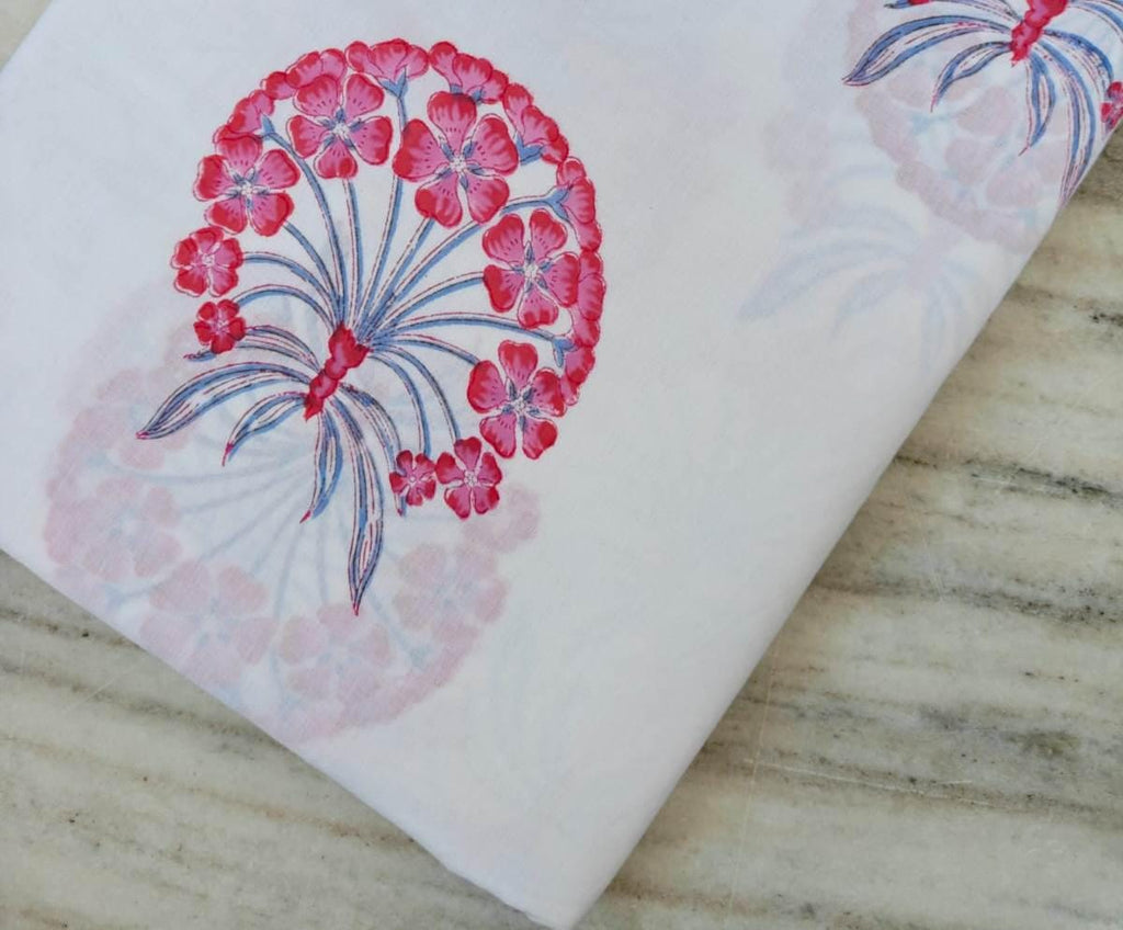 Pink Designer Hand Block Print Fabric, Floral 100% Cotton Quilting Fabric By The Yard, Fabric For Dress Making, Loose Running Fabric