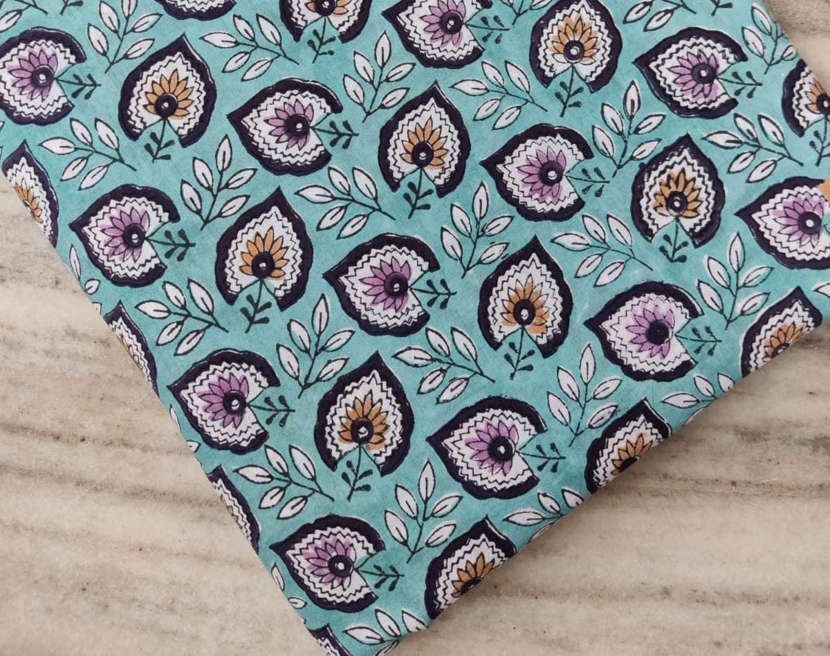 Green Floral Cotton Fabric by the Yard, Hand Block Print Pink Flowers, Soft Indian Cotton for Quilting, Dressmaking, Loose Running Fabric
