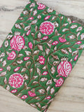 Green Soft Cotton, Indian Hand Block Print Fabric, Floral 100% Cotton Fabric By The Yard, Fabric for Loose Running, Textile Loose Fabric