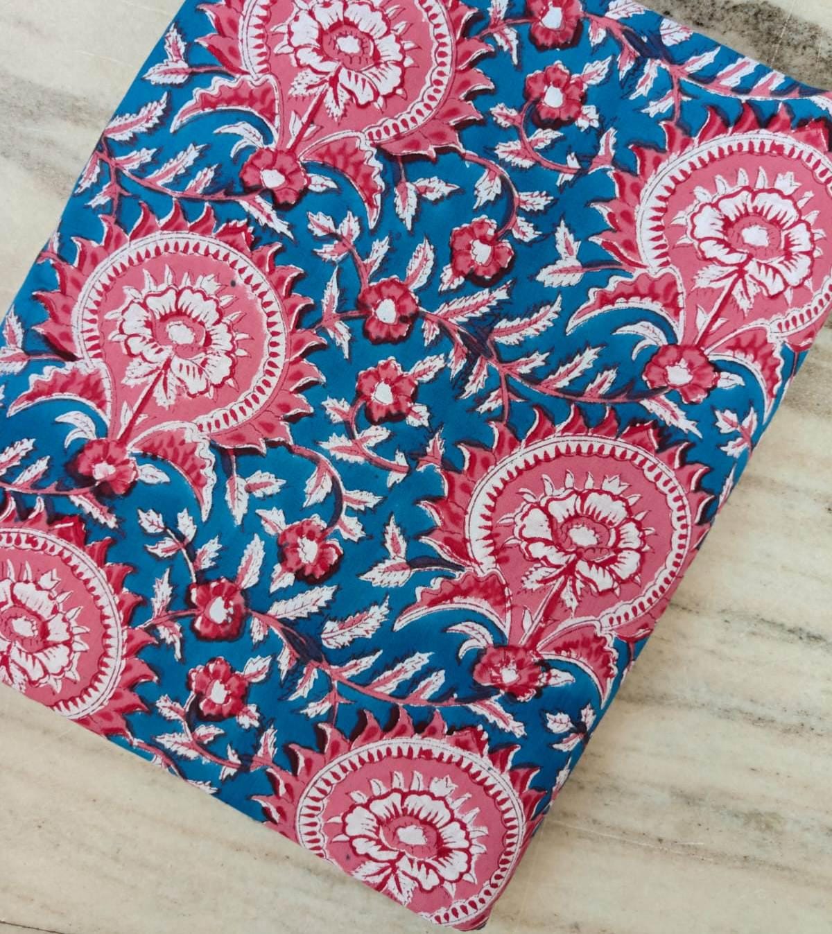 Pink Floral Paisley Cotton Fabric by the Yard, Blue Background Block Print Fabric, Indian Hand Block Print Cotton, Boho Craft Quilting