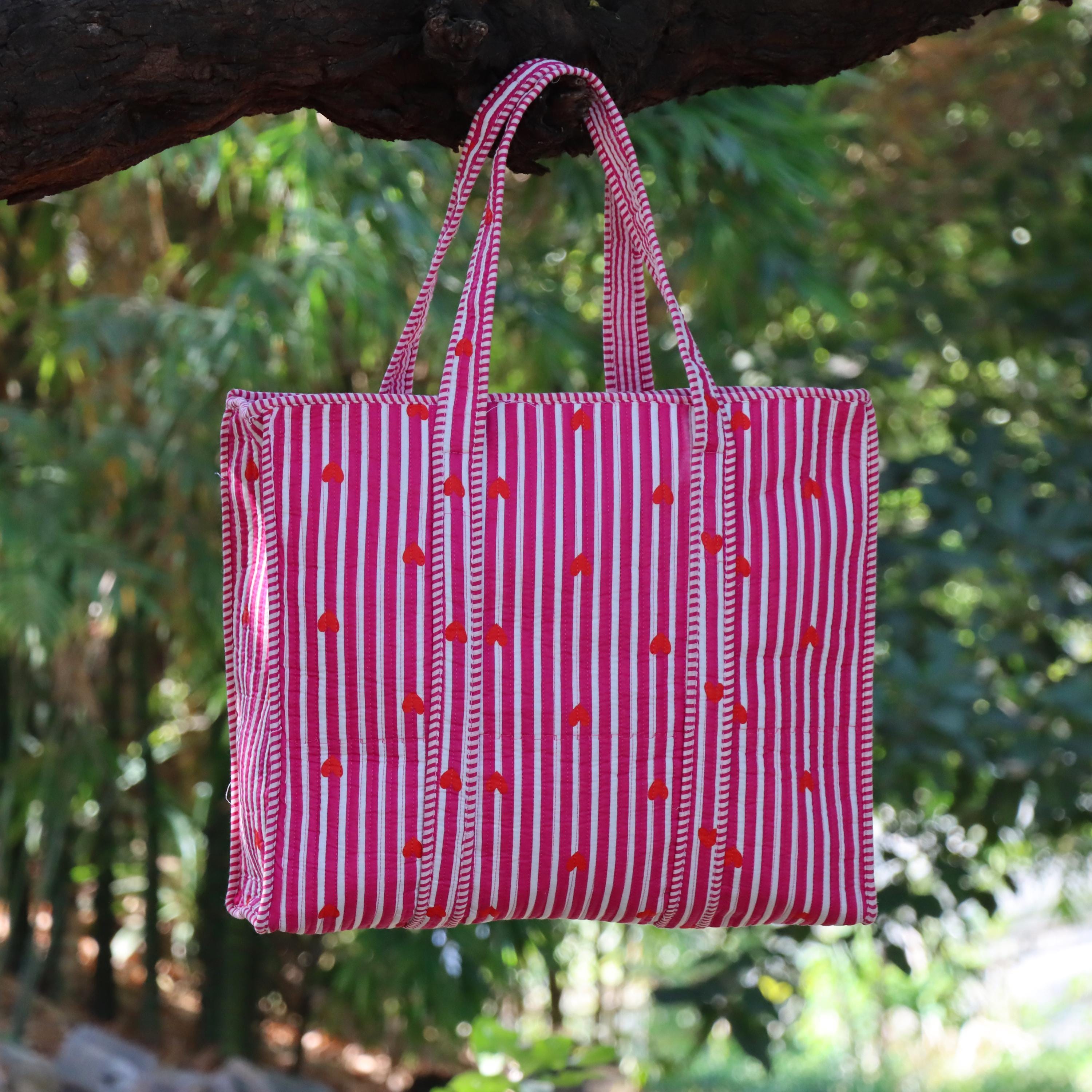 Pink Striped Heart Tote Bag, Quilted Cotton Shoulder Bag, Handmade Boho Carryall, Cute Everyday Shopping Tote, Gift for Her