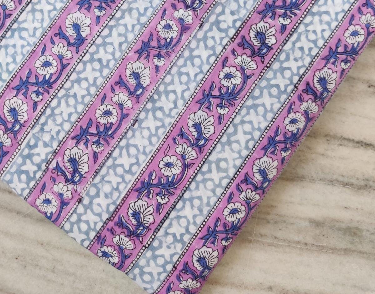 Lavender Blue Indian Hand Block Print Fabric, 100% Cotton Quilting Fabric By The Yard, Dressmaking Fabric, Loose Running Fabric, Napkin