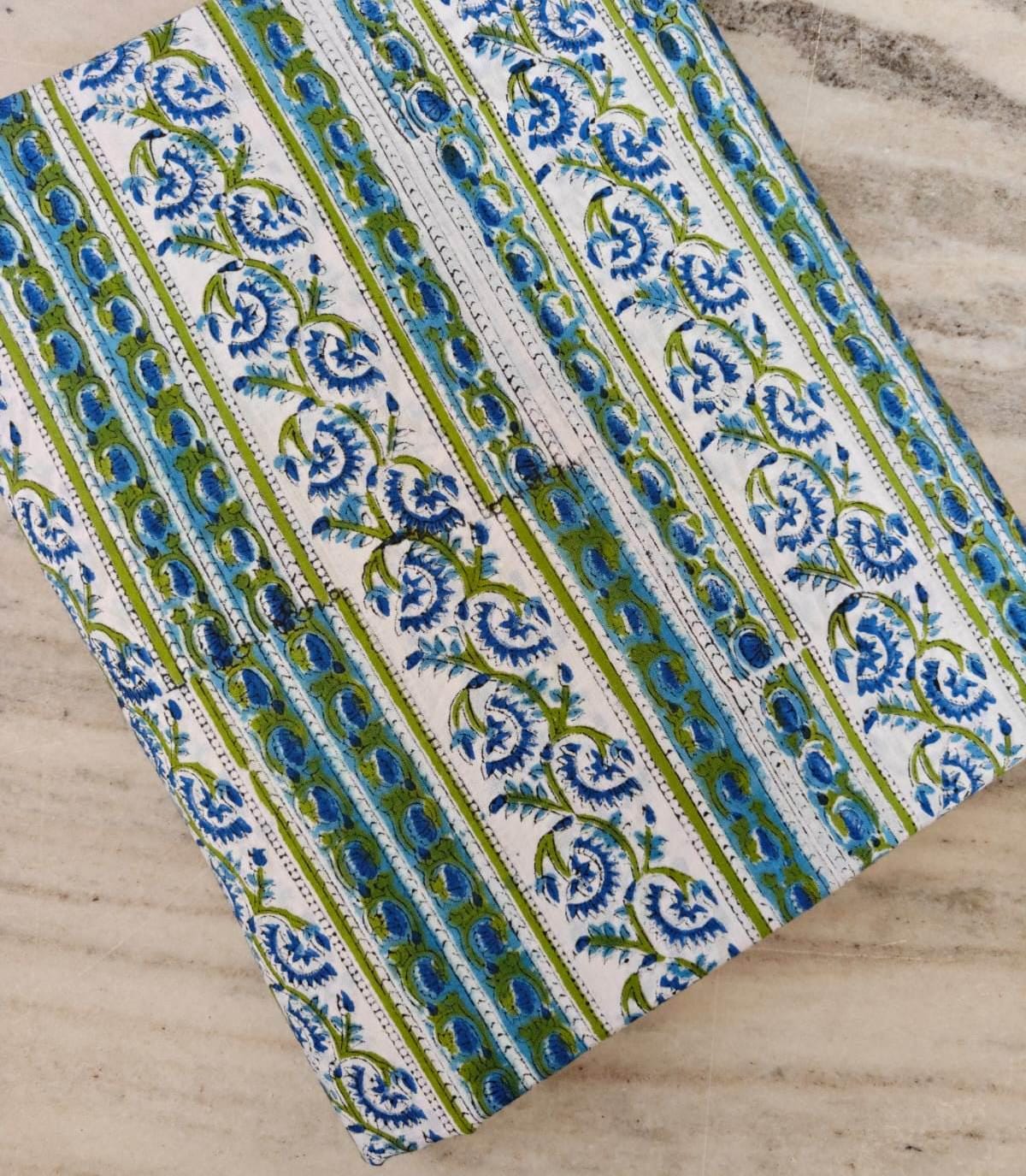 Blue & Green Floral Stripe Cotton Fabric by the Yard, Indian Block Print Cotton, Boho Border Print Fabric, Dressmaking Quilting Craft Fabric