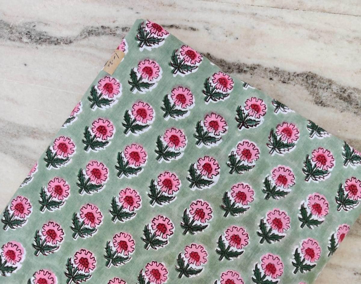 Pink Green Block Print Cotton Fabric | Floral Stripe Printed Fabric by the Yard | Soft Cotton for Sewing, Quilting, Dressmaking, Crafts