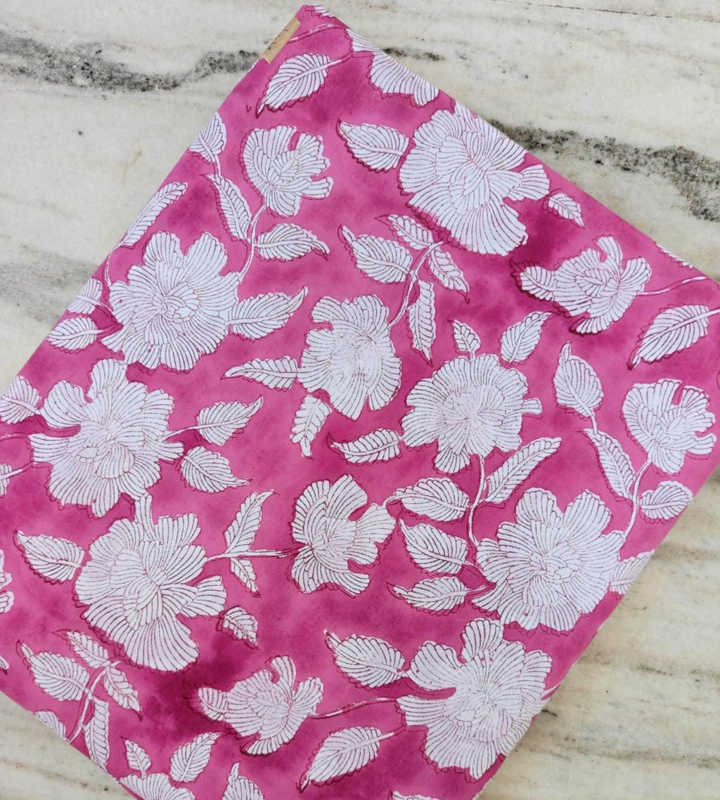 Pink Floral Cotton Fabric, White Flower Print Cotton Fabric by Yard, Indian Block Print Fabric, Dressmaking Fabric, Soft Cotton Textile