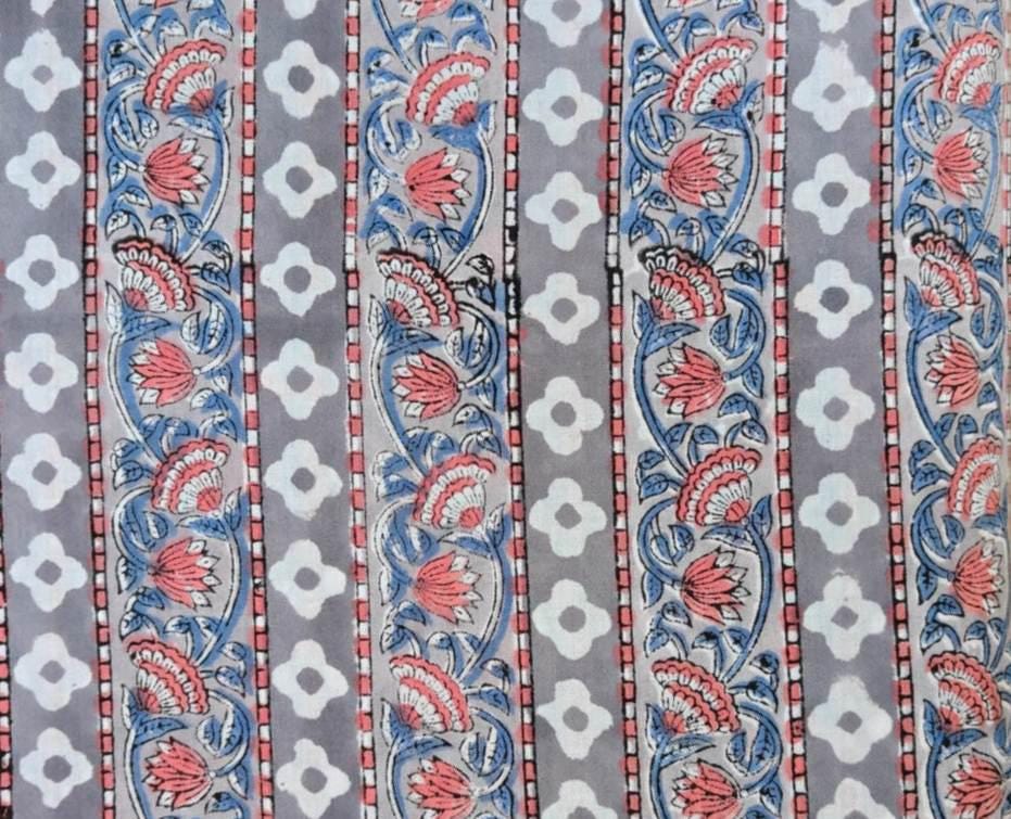 Floral Stripe Cotton Fabric, Grey Block Print Fabric, Indian Hand Printed Cotton, Blue Pink Flower Vine Fabric, Boho Dressmaking Fabric
