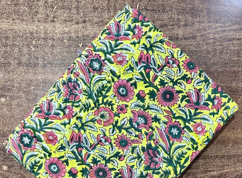 Yellow Hand Block Print Cotton Fabric, Floral Indian Cotton Fabric, Pink Green Printed Fabric by Yard, Sewing Quilting Dressmaking Fabric