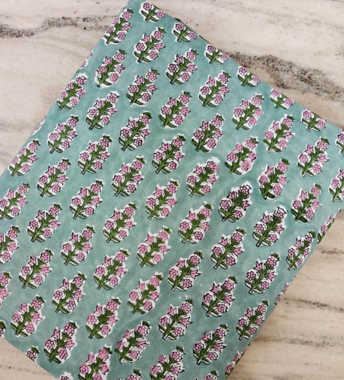 Hand Block Print Cotton Fabric, Floral Cotton Fabric by Yard, Indian Handmade Fabric, Green Pink Flower Print, Craft Sewing Quilting Fabric