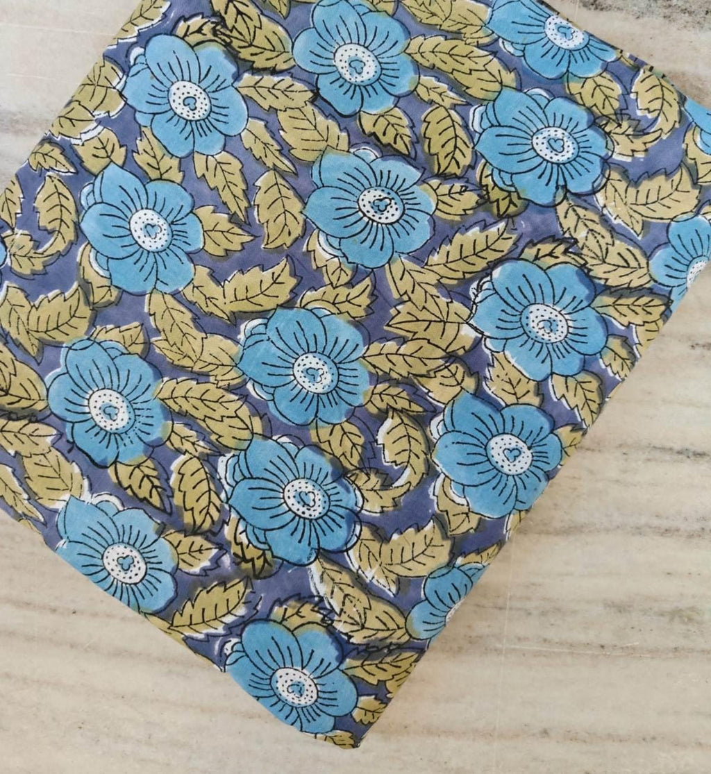 Blue Floral Cotton Fabric, Hand Block Print Fabric, Indian Cotton Fabric by Yard, Vintage Style Flower Print, Sewing Quilting Craft Fabric