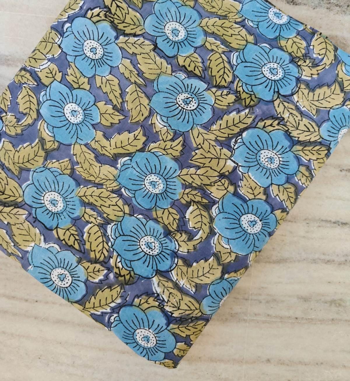 Blue Floral Cotton Fabric, Hand Block Print Fabric, Indian Cotton Fabric by Yard, Vintage Style Flower Print, Sewing Quilting Craft Fabric