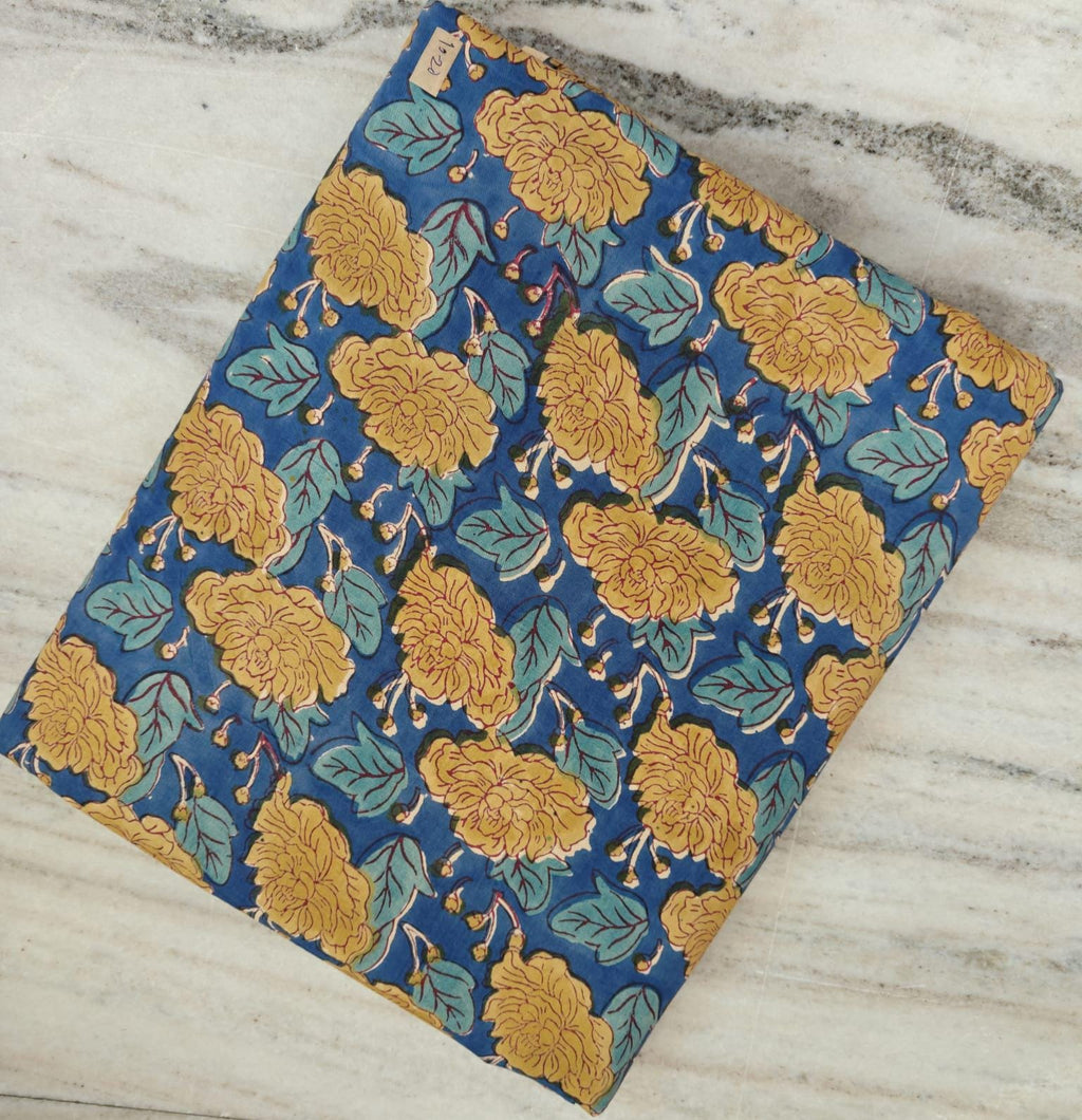 Blue Yellow Floral Cotton Fabric | Indian Block Print Fabric by Yard | Handmade Cotton Textile | Quilting Sewing Craft Dressmaking Fabric