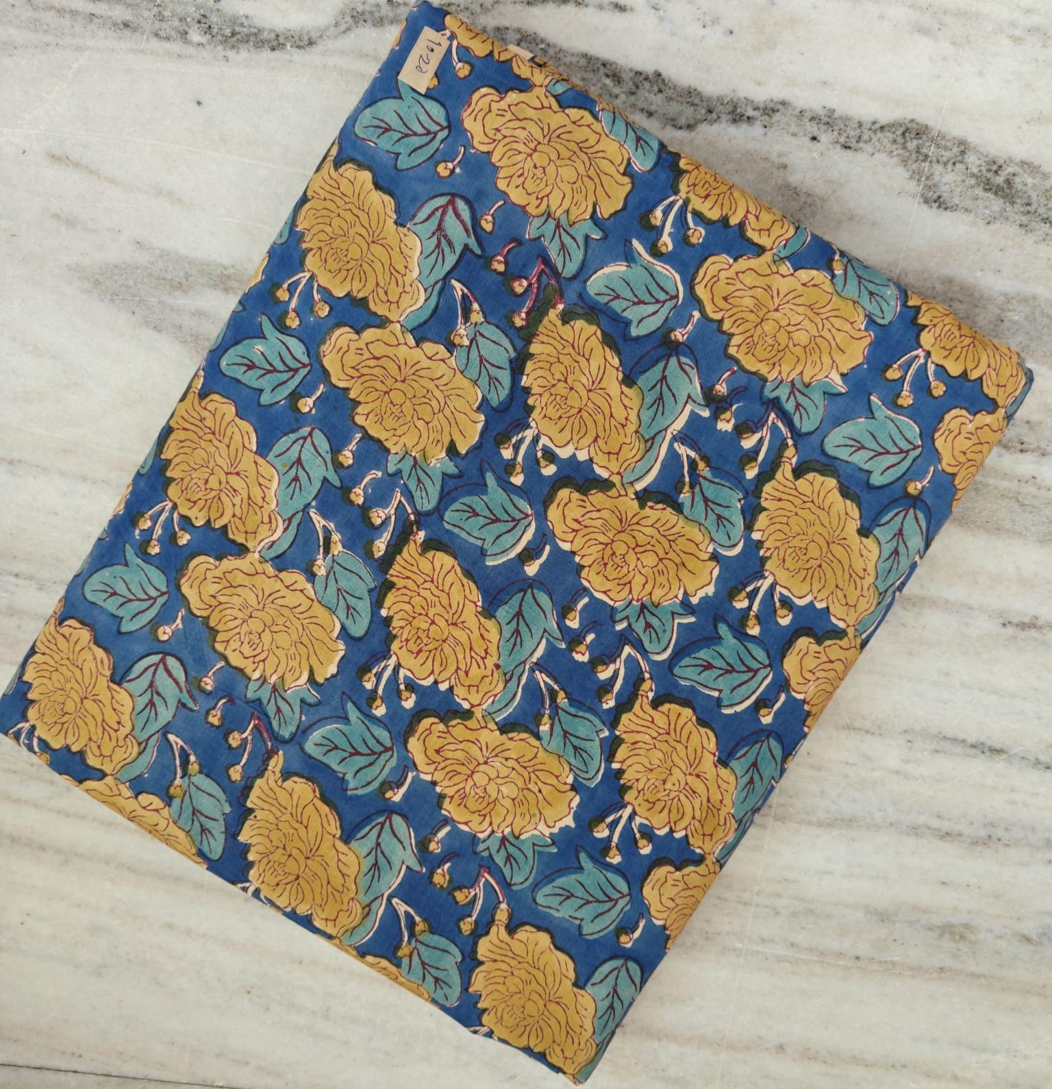 Blue Yellow Floral Cotton Fabric | Indian Block Print Fabric by Yard | Handmade Cotton Textile | Quilting Sewing Craft Dressmaking Fabric