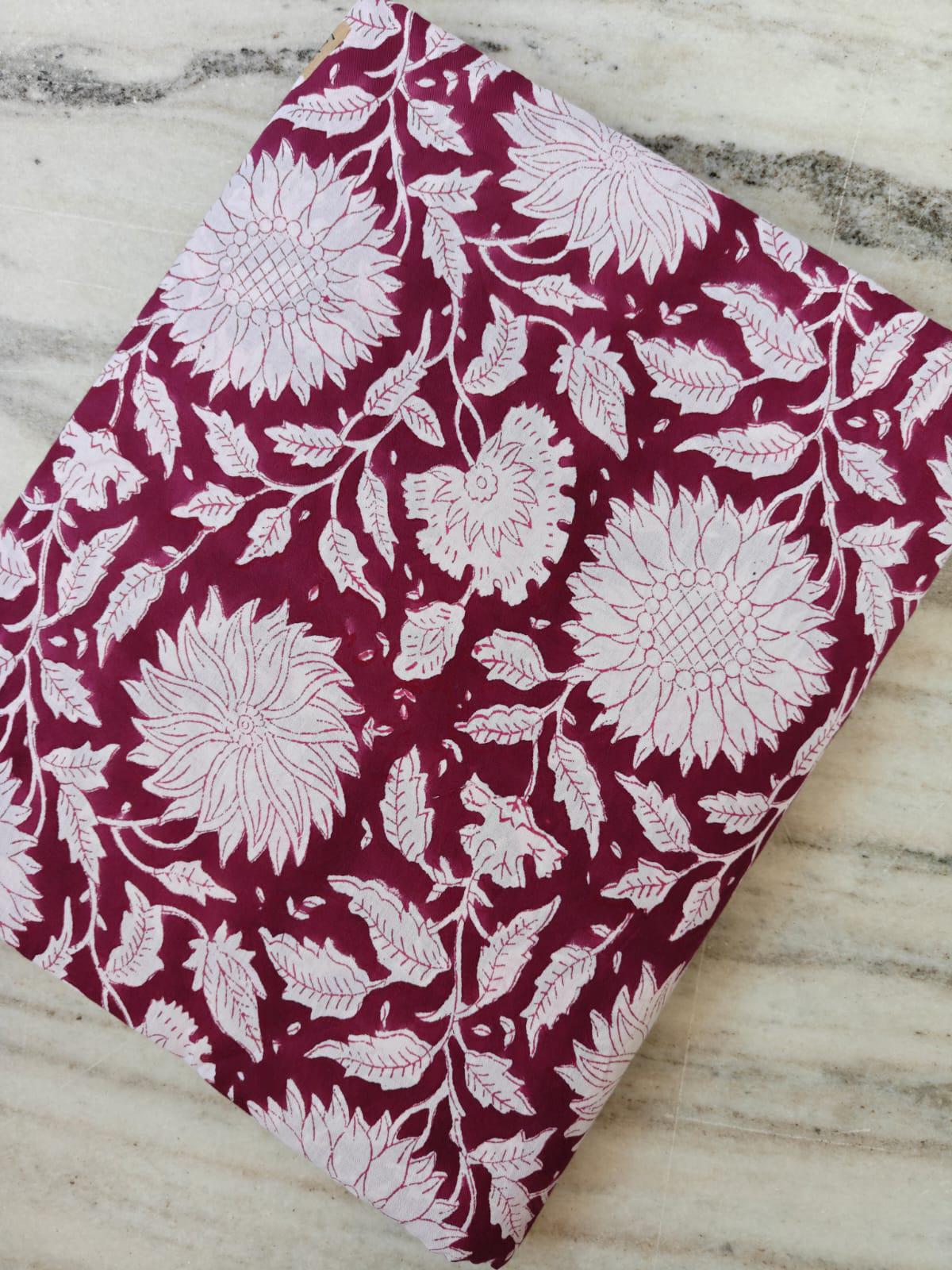 Maroon White Floral Cotton Fabric, Hand Block Print Fabric by the Yard, Soft Indian Cotton for Dressmaking & Home Decor Sewing and Quilting
