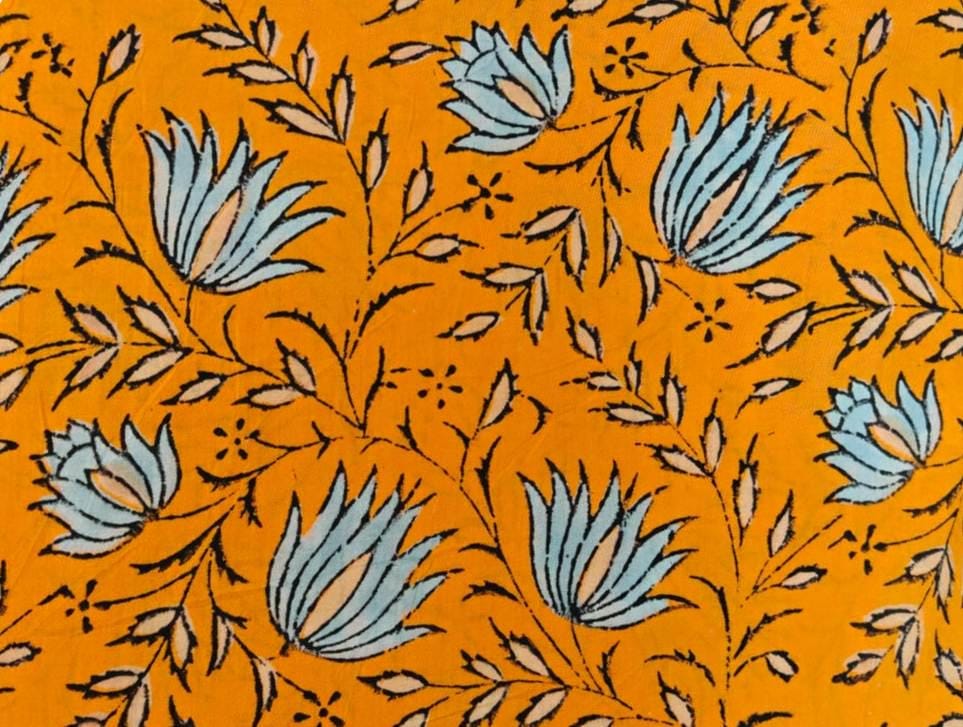 Mustard Orange Floral Cotton Fabric by Yard, Orange Lotus Flower Hand Block Print Fabric, Indian Soft Cotton for Quilting, Dress Making