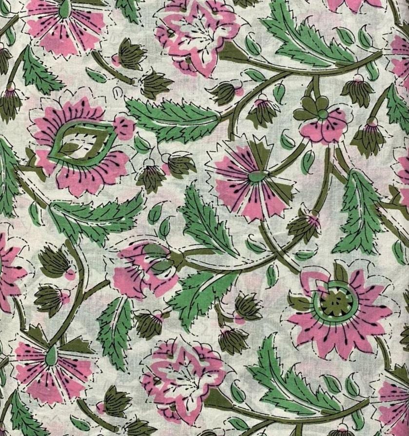 Pink and Green Floral Cotton Fabric, Vintage Style Botanical Print, Quilting Cotton, Soft Craft Fabric, Dressmaking Material by the Yard