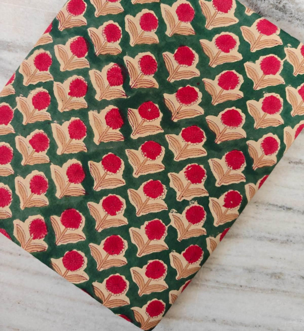 Green Floral Block Print Cotton Fabric, Red Flower Hand Printed Indian Cotton, Traditional Sanganeri Style Fabric for Sewing, Quilting