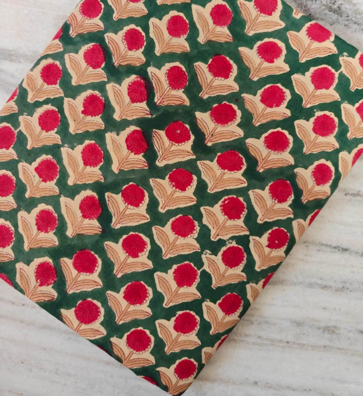 Green Floral Block Print Cotton Fabric, Red Flower Hand Printed Indian Cotton, Traditional Sanganeri Style Fabric for Sewing, Quilting