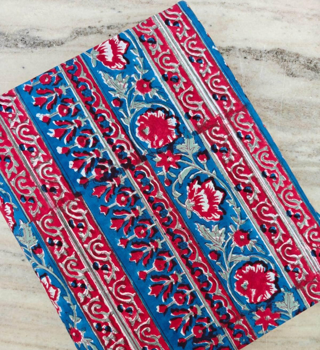 Boho Red & Teal Floral Stripe Cotton Fabric, Indian Handblock Style Print, Vintage Ethnic Textile, Quilting Dressmaking Craft Fabric